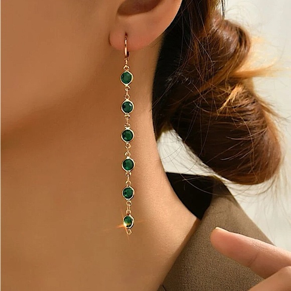Gold Plated Emerald Zircon Dangle Earrings - Picture 1 of 3